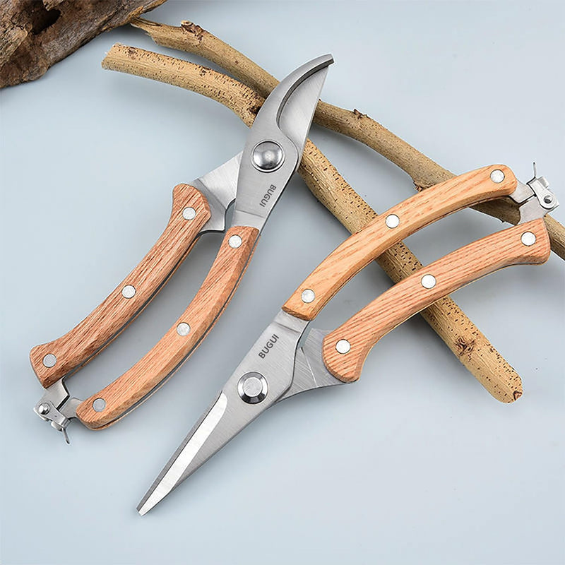 BUGUI 8” Wood Handle Garden Scissors, Set of 2, Includes Bypass Pruning Shears and Long Straight Tip Clippers, Premium Gardening Tools with Precision-Ground SK-5 Steel Blade 8"WoodHandleShearsSet(E023)