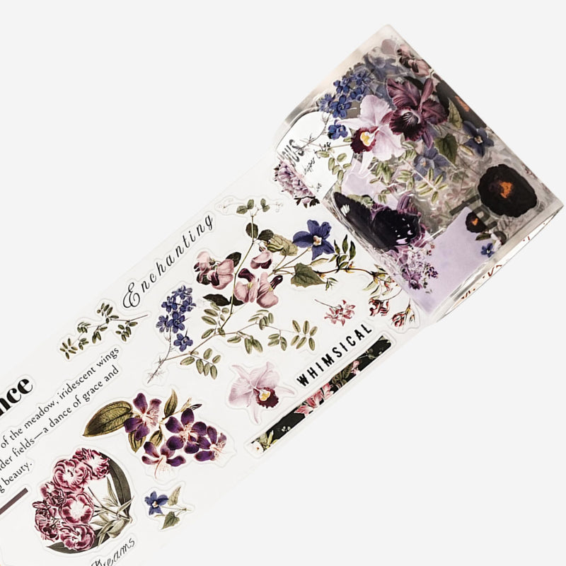 WT Pre-Cut Violet Veil Wide PET Tape, Single Roll, Soft Lilac Blossoms & Misty Backgrounds with Elegant Script, Transparent Decorative Tape for Journaling, Scrapbooking, Planner, DIY Crafts, 65mm x 5m WT Pre-Cut Violet Veil Wide PET Tape