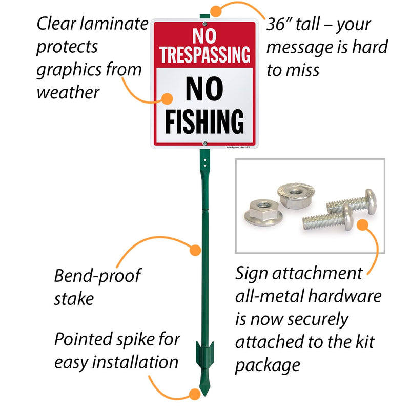 SmartSign 12 x 10 inch “No Trespassing - No Fishing” LawnBoss Yard Sign with 3 foot Stake, 40 mil Laminated Rustproof Aluminum, Red and White, Set of 1 10" x 12" sign with 3' Stake