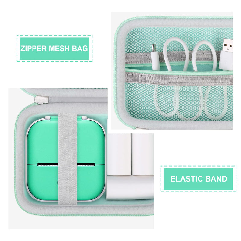 [Australia - AusPower] - Hard Travel Case for T02 Mini Printer Sticker Printer, Wireless Mini Sticker Printer Machine Storage Holder Protection Case with Zipper Mesh Pocket fit Thermal Paper, Charging Cable, Green 