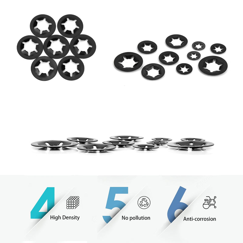 [Australia - AusPower] - 340 Pcs Internal Tooth Starlock Locking Washers, Push On Speed Clips Fasteners Washers Assortment Kit, Quick Speed 65Mn Black Clips Lock Washers - M3, M4/M5/M6/M8/M10/M12 