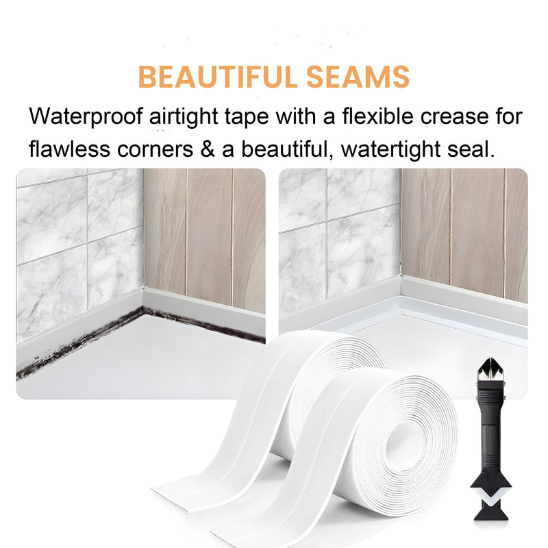 [Australia - AusPower] - White Caulk Tape Waterproof Self Adhesive, Bathroom Caulking Tape,Sealer Strip for Toilet Base Shower Wash Basin Sink, Easy to Use with Silicone Caulking Tool, Multifunction Middle Crease Design 