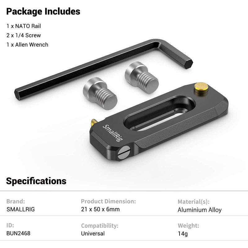 [Australia - AusPower] - SMALLRIG Universal Low-Profile Quick Release NATO Rail Safety Rail 50mm/2inches Long with 1/4'' Screws for NATO Handle Camera Cage EVF Mount – BUN2468 50 mm 
