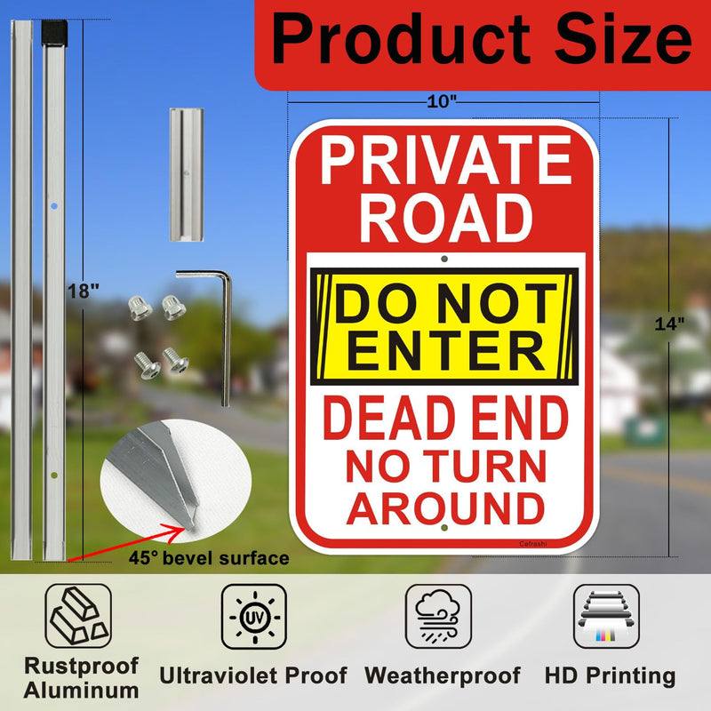 2 Pack Private Drive No Turn Around Sign with 36" Metal Stakes, 14" x 10" Reflective Aluminum, Dead End Do Not Enter Sign, Easy to Mount ﻿ 2 Pack-10"x14"-with Stake