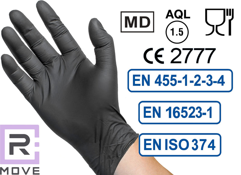 R MOVE Pack of 200 Disposable Gloves, Black, L Nitrile Gloves, Rubber Gloves, Disposable Medical Examination Gloves, Powder-Free (200, Black, L)