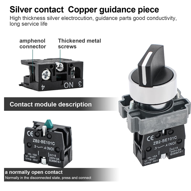[Australia - AusPower] - 2Pack Black 2-Position Selector Switch 1NO Metal Head Switch Ith: 10A, Ui: 600V, Uimp: 6kV, AC15 240V-3A, CE 