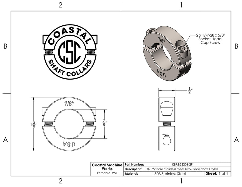 [Australia - AusPower] - 0.875" Bore Diameter - Clamping Two Piece Shaft Collar - 303 Stainless Steel (2 Pack) 0.875" Bore 2 