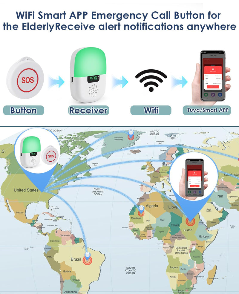 [Australia - AusPower] - Caregiver Pager Wireless Call Button Smart WiFi Nurse Emergency Alert System 330 Feet Life Alert Button for Elderly/Patient/Disabled/Home(2.4GHz Wi-Fi Only) 1 receiver + 2 SOS button 