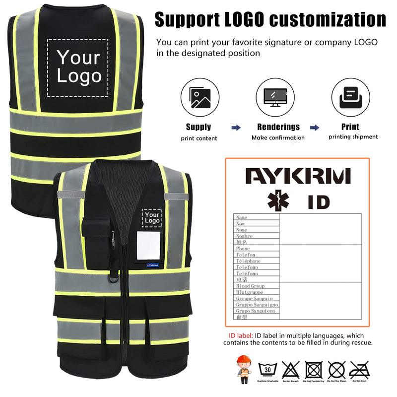AYKRM Security Vest for Men Women 7 Pockets High Visibility Reflective Safety Vest Front Zipper Meets ANSI/ISEA Black Small