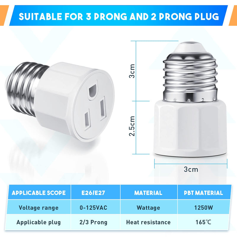 [Australia - AusPower] - E26/ E27 3 Prong Light Bulb Socket Adapter, Polarized Light Socket Outlet, Light Socket to Plug Adapter Socket Converter, Light Bulb Plug Adapter for Patio, Garage, Porch (2) 2 