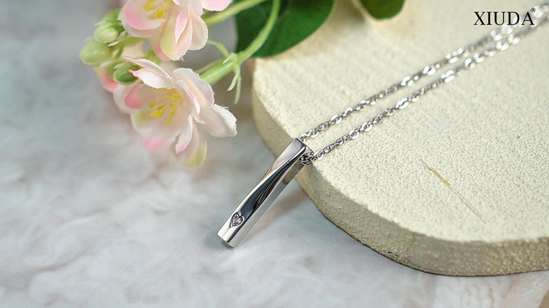 XIUDA Bar Cremation Jewelry for Ashes with Crystal Heart Urn Necklace Stainless Steel Memorial Keepsake Pendant for Women Pink