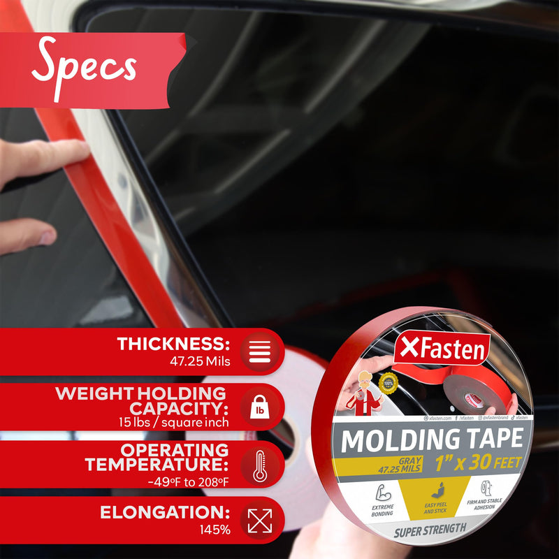 XFasten Super Strength Automotive Molding Tape, Gray, 1-Inch x 30-Foot, Double Sided Exterior Mounting Tape for Auto Body Molding, Trim, Side Mirror, Emblem, Nameplate and Outdoor Applications