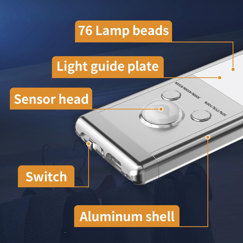Under Cabinet Lights,76 LED Operated Motion Sensor Light Indoor,1500mAh USB Rechargeable Closet Lights, 6 Pack Magnetic Dimmable Closet Lights，Wireless Under Counter Lights for Kitchen, Stairs. 9.5inch-6Pack..