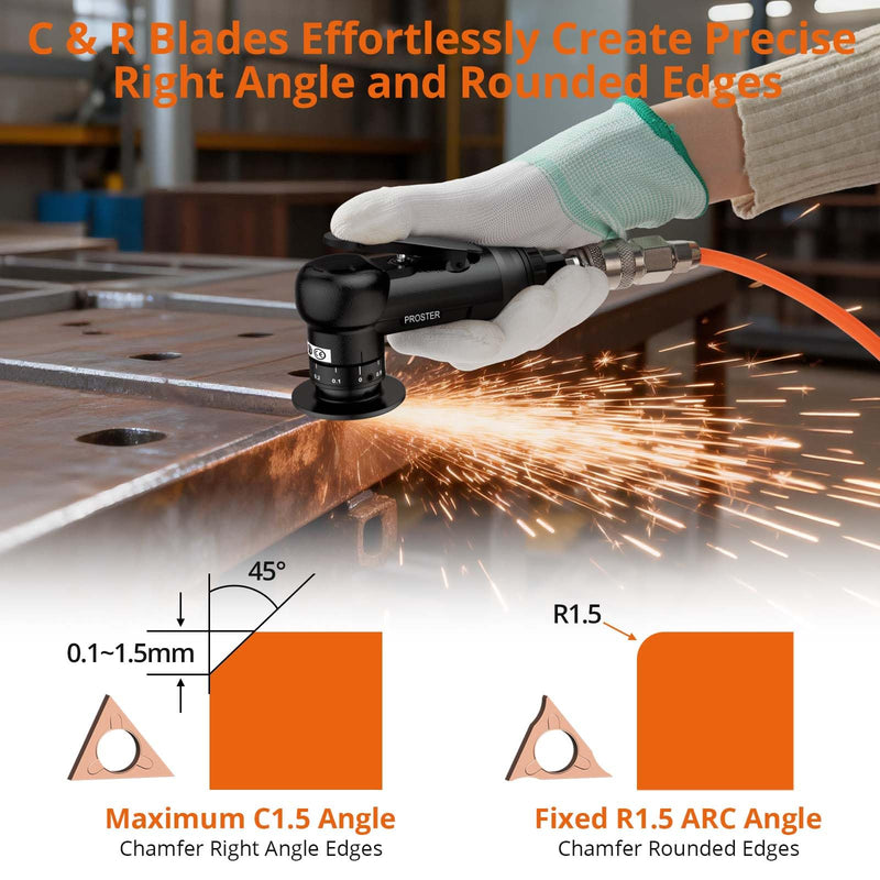 Proster Pneumatic Chamfer Tool Kit Professional Air Deburring Machine, 30000 RPM with Dual-Blade System (R & C Blades), 22-Piece Tungsten Carbide Set for Metal, Wood, PVC, Pipes Black