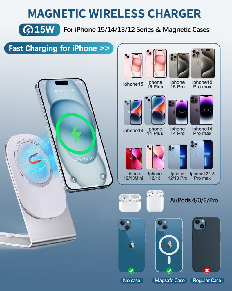 [Australia - AusPower] - Magnetic Wireless Charger Mag-Safe Charger for iPhone 15/14/13/12 Series Convertible Magnet Wireless Charging Stand/Pad with 20W Adapter 5ft Cable for iPhone and AirPods 2/3/Pro 2/Pro White Mag-safe Charger 