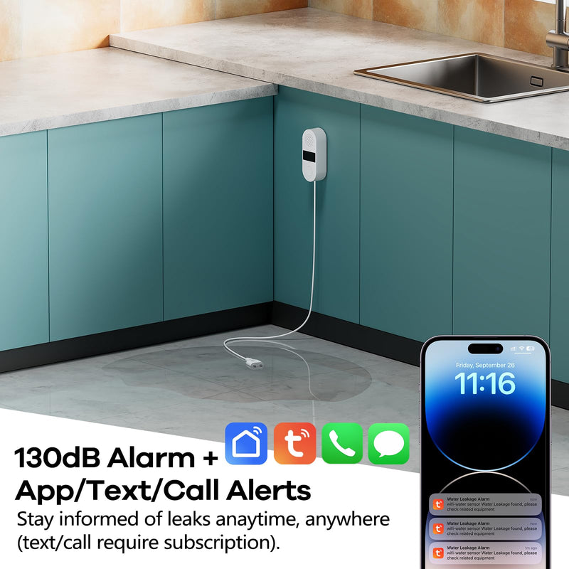 WiFi Water Leak Detector 4 Pack - Smart Water Leak Sensors with Tuya App Alerts, 130dB Loud Siren, 39" Extended Probe, Battery Powered, No Hub Required for Kitchen Bathroom Basement Laundry Room 4-Pack