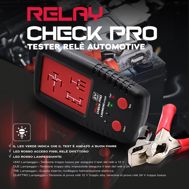 LAUNCH RelayCheck Pro 12V/24V Relay Tester Car/Truck Car Pin Detection | Auto pin detection for 4/5 pin, loaded contact test, LED error codes and bag, portable diagnostic tool for car and industry