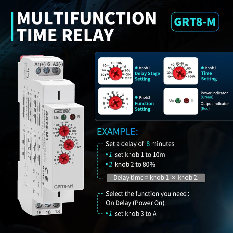 [Australia - AusPower] - Multifunction Time Relay, IGEYAPA 16A Delay ON Off GRT8 M1 AC DC 12-240V with 10 Relay Timer Control Delay Function Mode DIN Rail Electronic Relays of Wide Time Delay Range for 0.1 Seconds to 10 Days GRT8-M1 AC/DC 12V-240V 