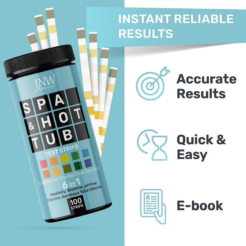 Hot Tub and Pool Test Strips - 6in1 Quick & Accurate Hot Tub, Spa, Pool Test Strips - 100 Water Test Strips, Water Test Kit with E-Book - Test Chlorine, Bromine, pH, Hardness, Alkalinity - JNW Direct HOT TUB TEST STRIPS - 100 STRIPS