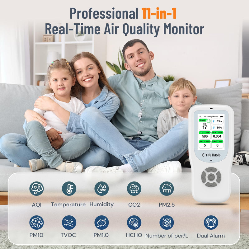 LifeBasis Air Quality Monitor Indoor, 10-in-1 Air Quality Detector with Stand, Real-Time Air Meter Test AQI, PM1.0, PM2.5, PM10, CO2, TVOC, HCHO, Particles, Temperature and Humidity with Alert -White White