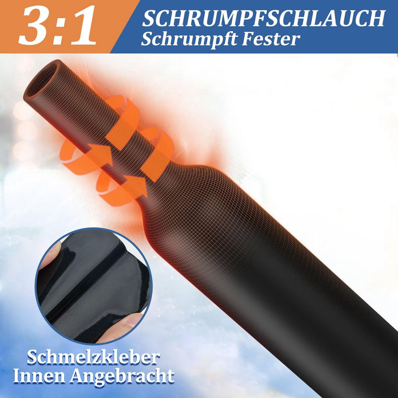 Heat Shrink Tube Set with Adhesive Waterproof Black | Polyolefin, 3:1 shrink rate, 5 sizes diameter 15/18/20/25/30 mm, inner melt adhesive