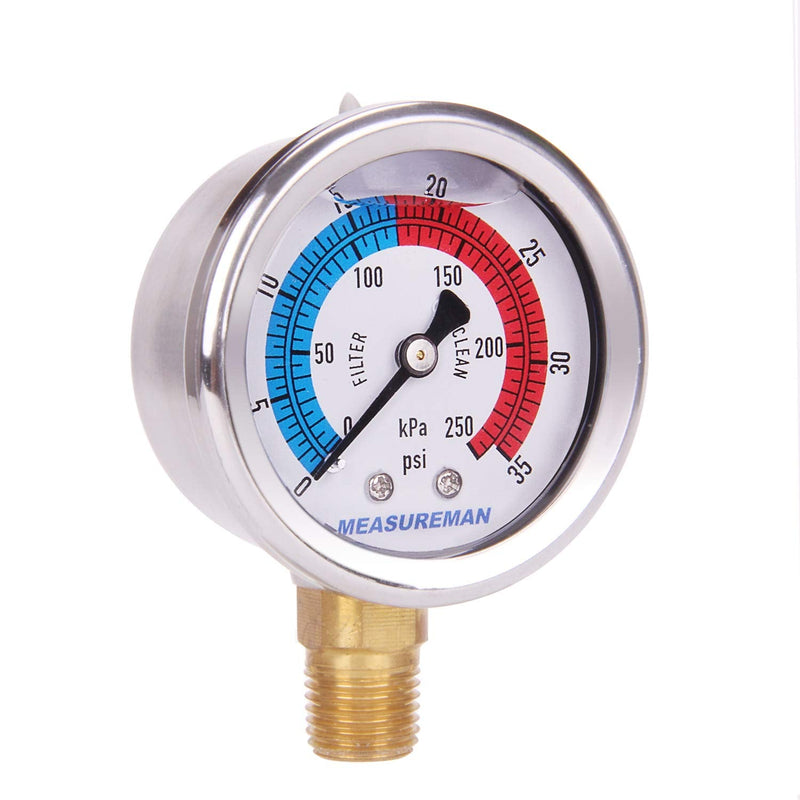[Australia - AusPower] - MEASUREMAN 2" Dial Size, Glycerin Filled Pool Filter Pressure Gauge, 304 Stainless Steel Case, 0-35psi/250kpa, 1/4" NPT Lower Mount 0-35psi/250kpa(1/4" NPT Lower Mount) 