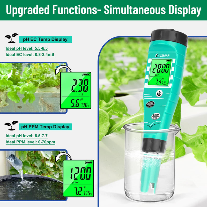 [Australia - AusPower] - UIUZMAR pH Meter for Hydroponics EC pH Monitor pH ppm Tester for hydroponics System Simultaneous Measurement of pH EC TDS Temperature for DWC Setup Hydro Reservoir Tank, Aeroponic Garden 