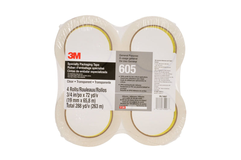 3M Scotch Light Duty Packaging Tape 605 Clear Cold Temperature, 3/4 in x 72 yd, Conveniently Packaged