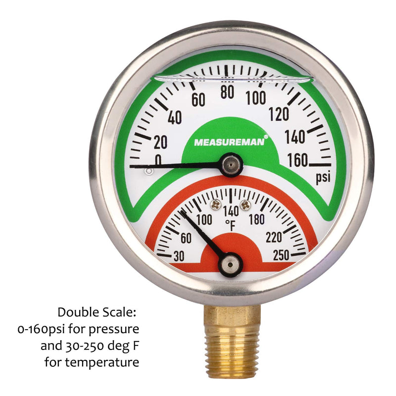 [Australia - AusPower] - MEASUREMAN Tridicator, Thermo-Manometer, 2-1/2", Silicone Oil Filled, 0-160psi/30-250 deg F, Stainless Steel Case, 1/4"NPT Lower Mount Pressure Gauge Lower Mount-Liquid Filled 