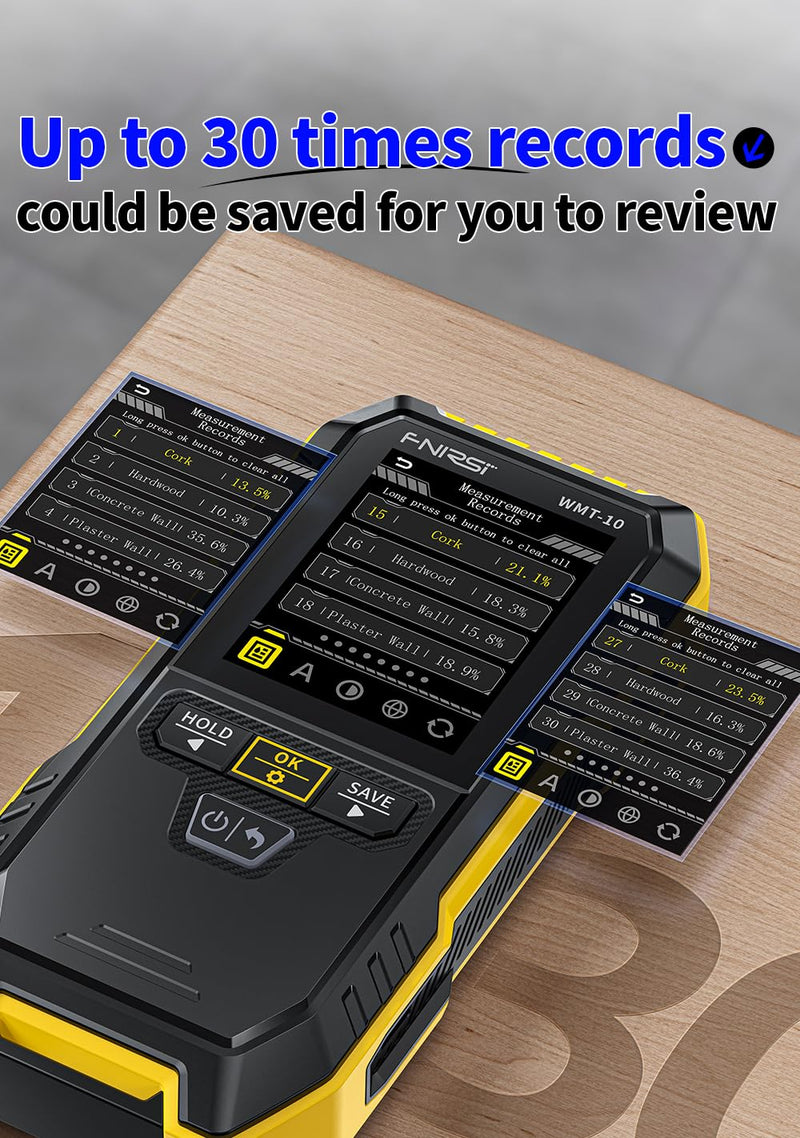 [Australia - AusPower] - FNRSI UPGRADED WMT-10 Rechargeable Pinless Wood Moisture Meter with Flashlight for Wood, Firewood, Wall Non-contact Timber Damp Detector Non-destructive Humidity Tester for Lumber Concrete Building 