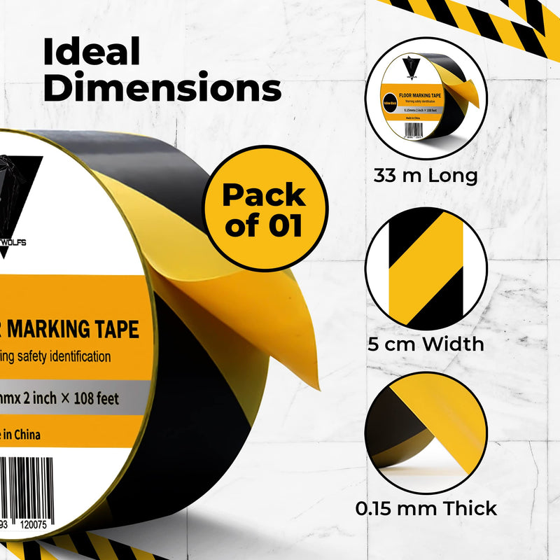 Floor Tape 2 Inch 108 FT Black & Yellow Safety Tape for Floor, Waterproof Strong Adhesive Caution Tape Roll Ideal for Indoor/Outdoor Walls, Pipes, Factory and Construction Sites