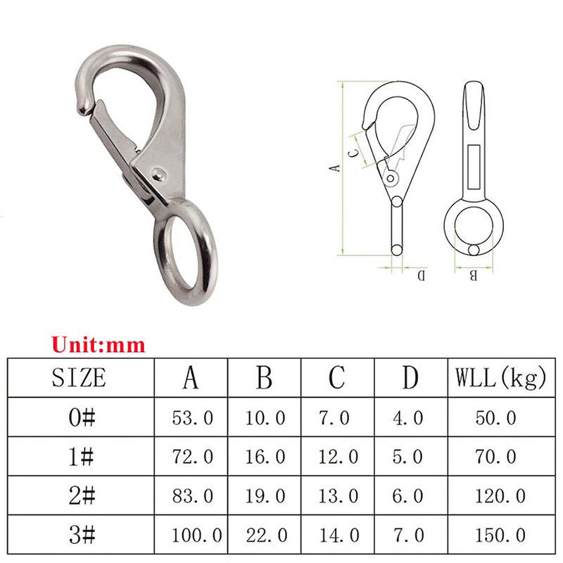 [Australia - AusPower] - 2/4Pcs Heavy Duty Stainless Steel 316 Spring Snap Hook Fixed Eye Clip Carabiner Marine Clip Dock Hardware Accessories 3# 4Pack 