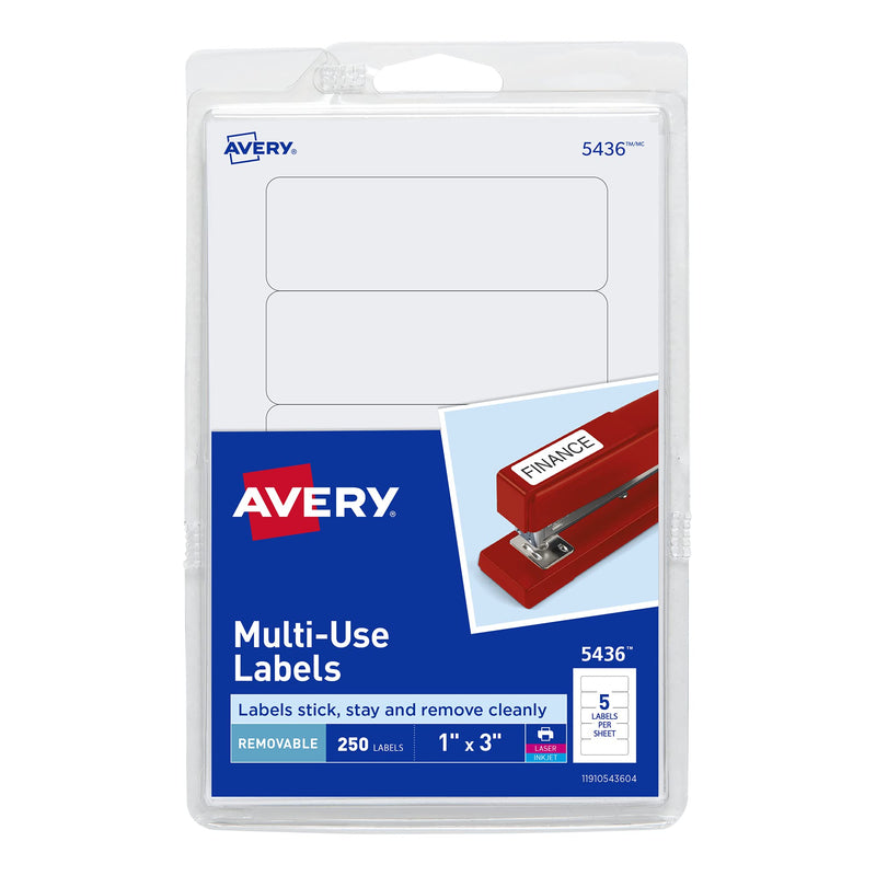 Avery Multi-Use Removable Labels, 1" x 3", Print or Write ID Labels, White, 250 Total (05436) 1" x 3" 250 labels