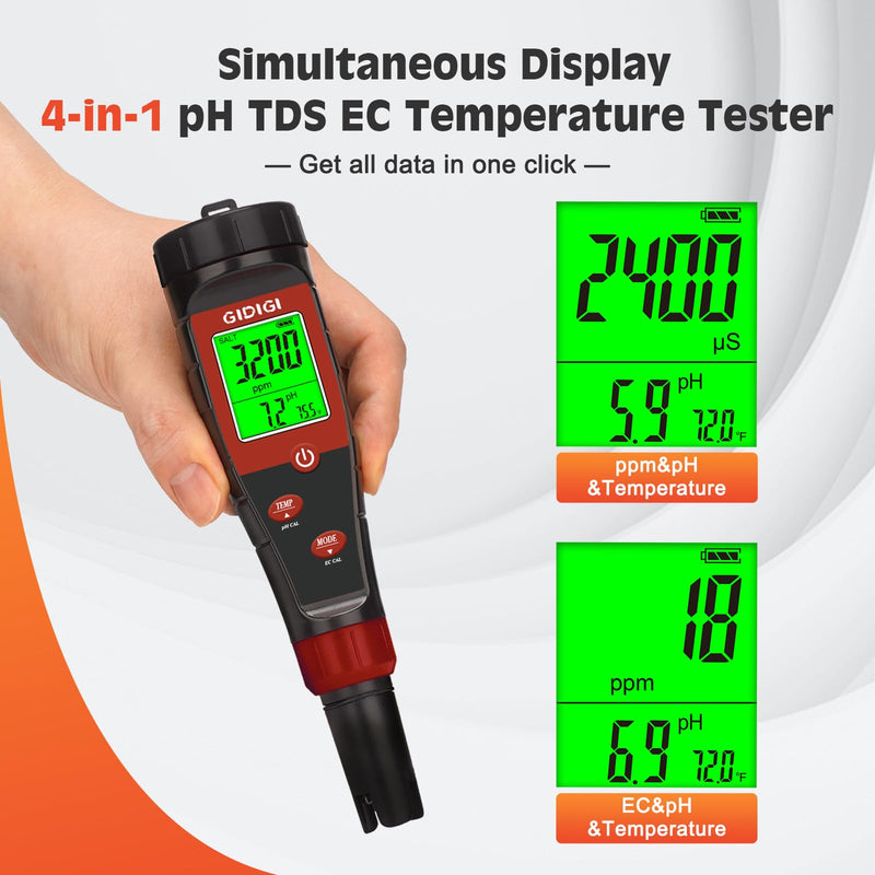 [Australia - AusPower] - Digital pH Tester for Water, pH Meter for Hydroponic Water, TDS Tester EC PPM Test for Plant Nutrients, 4-in-1 Meter for Conductivity, pH Pen for Drinking Water, DWC, Indoor Plants 