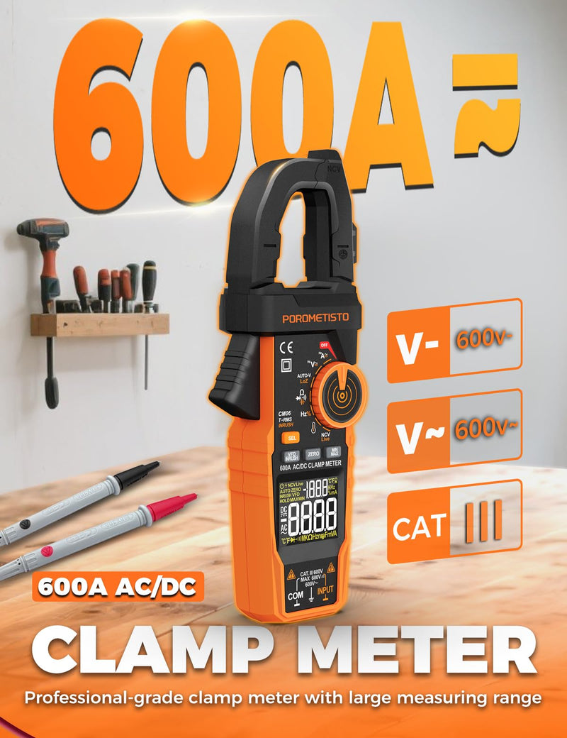 [Australia - AusPower] - Digital Inrush Clamp Meter, CM06 Clamp Multimeter, T-RMS 6000 Counts 600A Amp Meter with VFD, LOZ, Measures NCV, AC/DC Voltage Current, Continuity Capacitance Frequency Resistance 