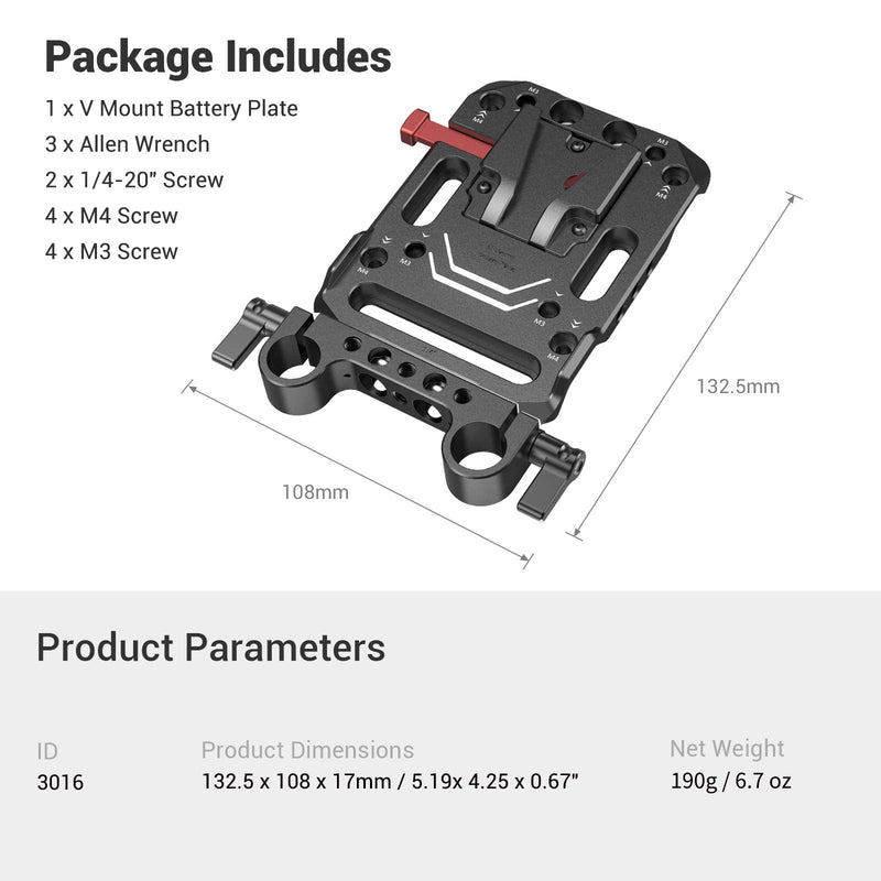 [Australia - AusPower] - SmallRig Battery Plate with V-Lock Mount with Dual 15mm Rod Clamp for Camera Power Supply - 3016 