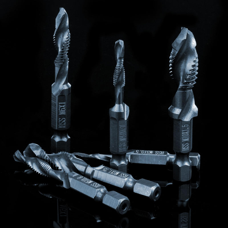 [Australia - AusPower] - THINKWORK Combination Drill Tap & Tap Bit Set, 6 Pack 3-in-1 Anti-Rust Black Titanium Coated Screw Tapping Bit Tool in Metric Size M3 M4 M5 M6 M8 M10, 1/4” Hex Shank and Storage Case Tap Bit Set Metric Size 