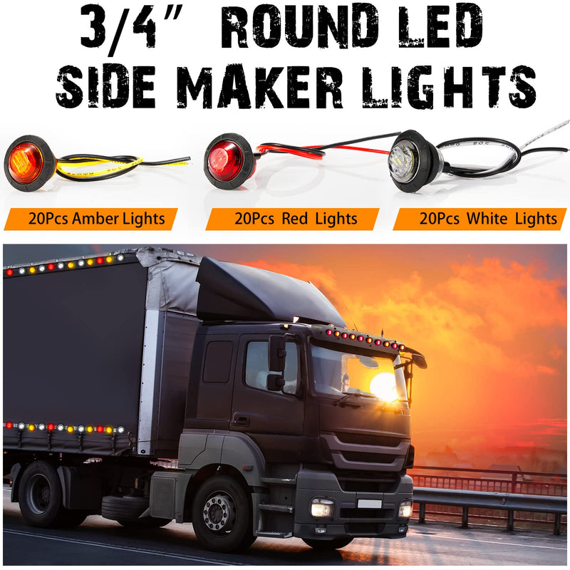 [Australia - AusPower] - Tuanse 60 Pack Trailer Lights Bulk 3/4 Inch LED Marker Side Button Indicator Chicken Lights Front Rear Turn Signal Round Lamp Waterproof for Truck, Boat, RV, Van, Pickup, ATV 12V DC, Amber Red White 