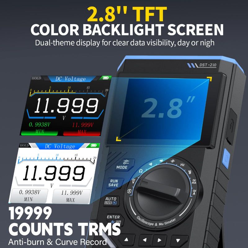 DST-210 Handheld Oscilloscope, 3-in-1 Digital Multimeter, 10 MHz Bandwidth, Oscilloscope, 48 MSa/s, Sampling Rate 19999 Counting Pulses, 2.8 Inch TFT Signal Generator, AC/DC Voltage Test, Capacitor