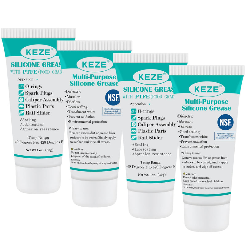 [Australia - AusPower] - KEZE Silicone Grease Tube PTFE Synthetic Lubricant Sliding Door Grease Automotive Lubrication RV Toilet Seal Lubricant for Plumbing Faucet O Rings Plastic Parts Rubber Seal 1 oz 4-Tube 4 oz Sillicone Grease with PTFE 