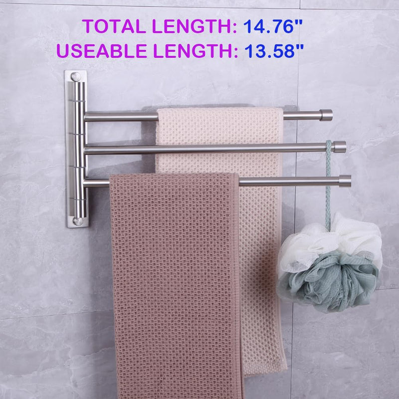 Swing Out Towel Bar Stainless Steel 3-Bar Folding Arm Swivel Hanger Bathroom Storage Organizer Rustproof Wall Mount Brushed Finish