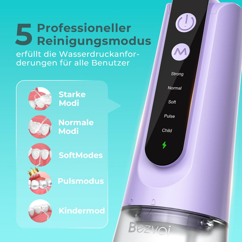 Bezvoi Wireless Oral Irrigator Portable Oral Irrigator with 5 Pressure Levels IPX7 | 270 ml removable water tank, 4 interchangeable nozzles, gentle cleaning for gums and interdental spaces Purple