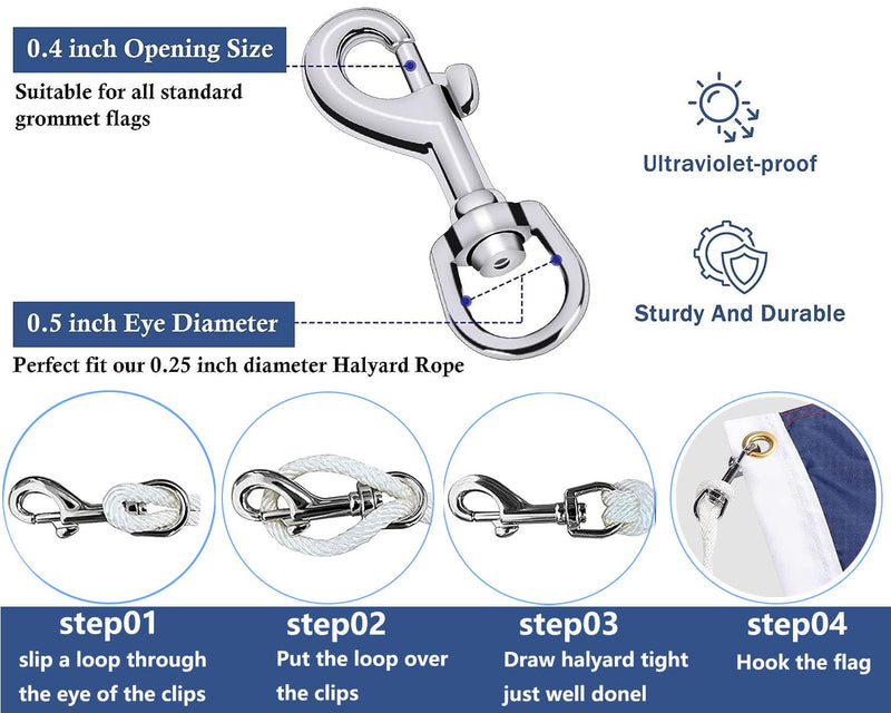 [Australia - AusPower] - 4PCS Flag Swivel Snap Clips Stainless Steel Flag Snaps Hooks Heavy Duty Metal Flagpole Accessories Eye Bolt Clips for Pet Leash, Key Chain, Leather Craft (Silver Clip) silver clip 