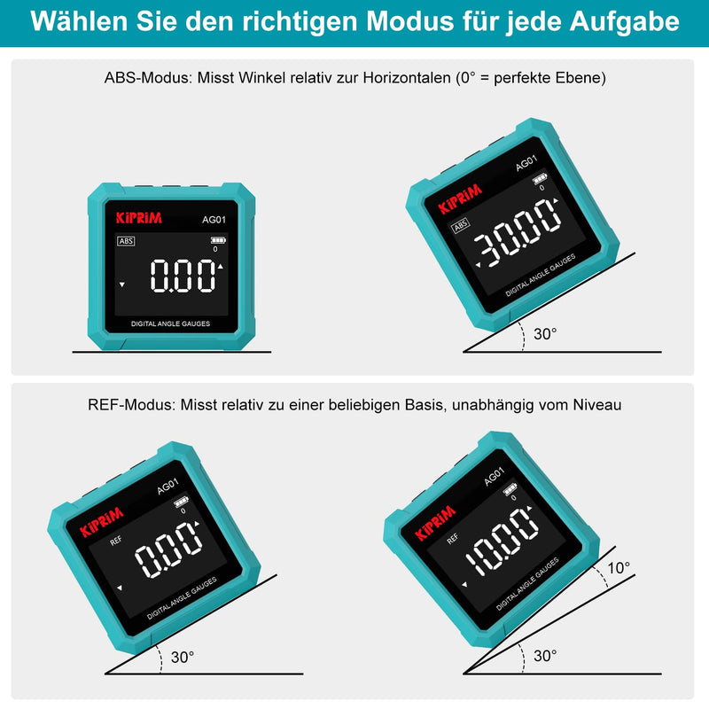 Kiprim AG01 Digital Inclinometer with Magnetic Base | 3-sided magnetic base, LCD backlight, absolute and relative measurement, suitable for construction and woodwork