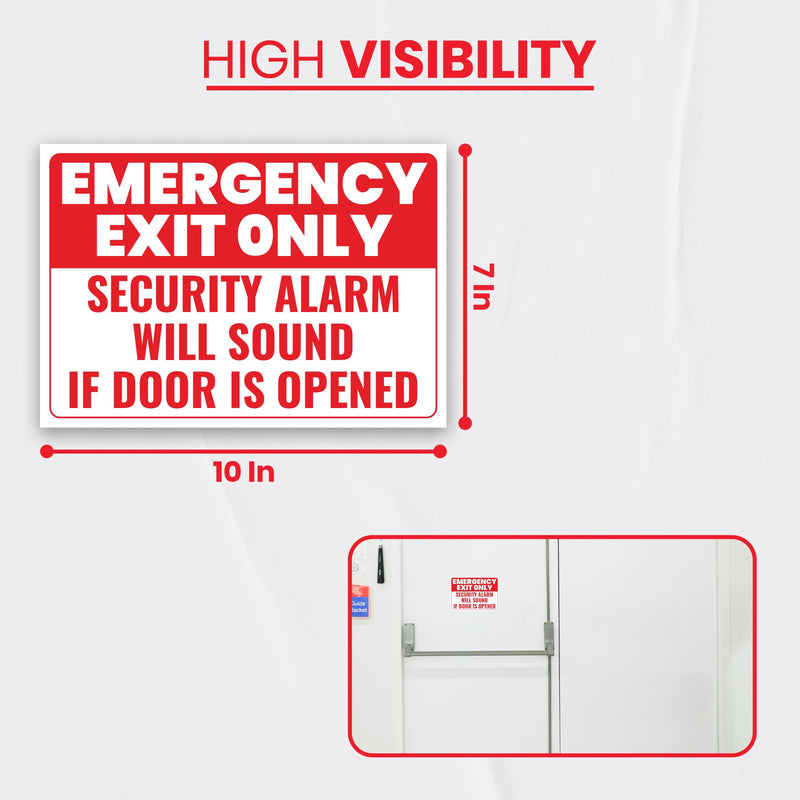 5 x Emergency Exit Only Stickers | Security Alarm Will Sound If Door Is Opened Signs | 10 x 7 inches | Self-Adhesive, UV Protected Vinyl Decals | Non-Rusting, Easy to Mount Labels for Business, Hospitals, Offices, Schools
