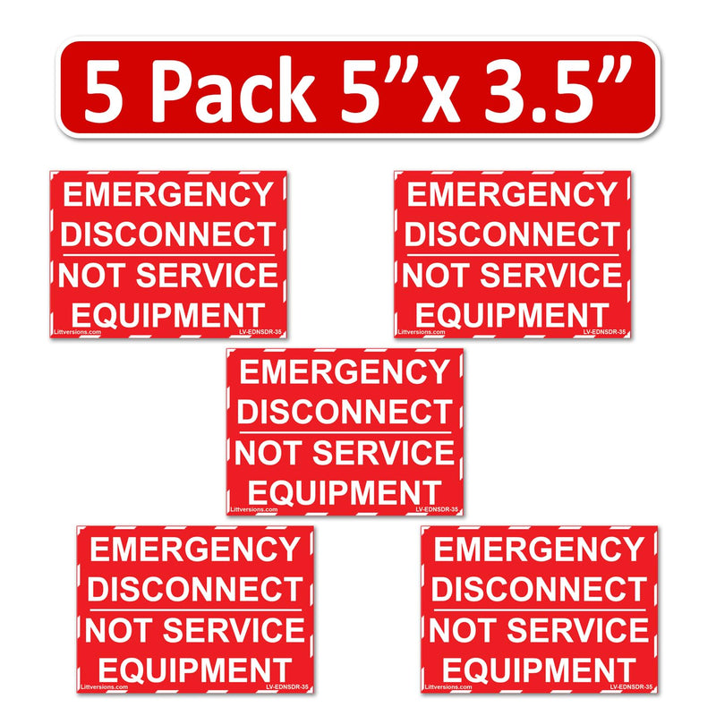 5"x 3.5" NEC Compliant Emergency Disconnect NOT Service Equipment Outdoor Laminated Labels Sticker Electrical Panel Danger Heavy Duty Vinyl Waterproof Ultra Durable White on Red 5 Pack