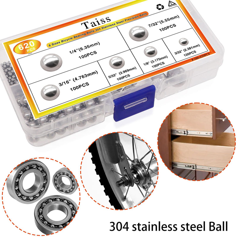 Taiss 620PCS 304 Stainless Steel Precision Balls 6 Sizes 1/4" 7/32" 3/16" 5/32" 1/8" 3/32" Precision Balls Assortment Kit F-086-620PCS