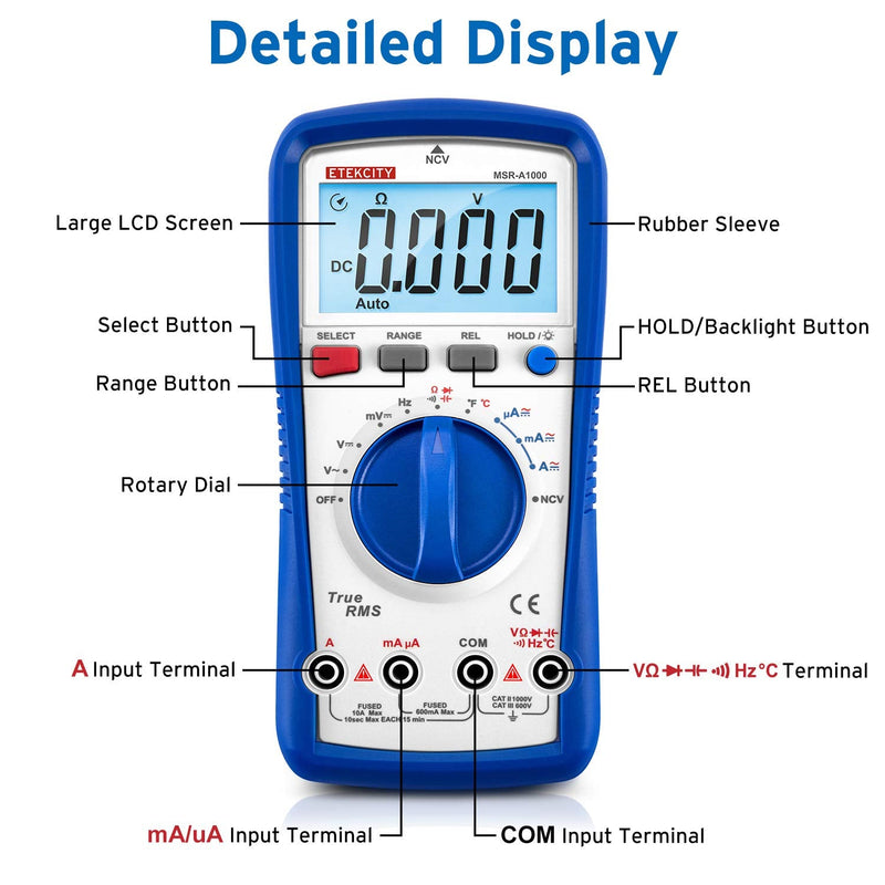 [Australia - AusPower] - Etekcity Professional Digital Multimeter Voltmeter A1000, AC/DC Voltage Tester, TRMS 6000 Counts, Current, Resistance, Frequency, Continuity, Capacitance, Diode, Temperature, NCV Pale Blue 