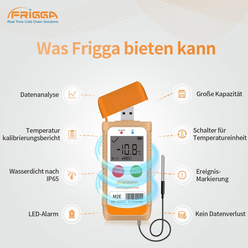 [Australia - AusPower] - Frigga M2E Multipurpose Temperature Data Logger with External Sensor USB Digital Temperature Pen 14400 Points High Accuracy PDF CSV Report 1 pack. 