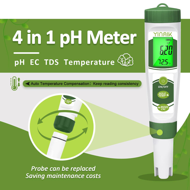 YINMIK 2024 New 4 in 1 pH Meter with Extra pH Calibration Solution